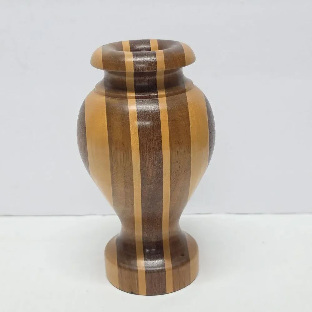 Vintage Hand Turned Wood Marquetry Bud Vase Segmented Layered Mosaic Rustic - Picture 3 of 9